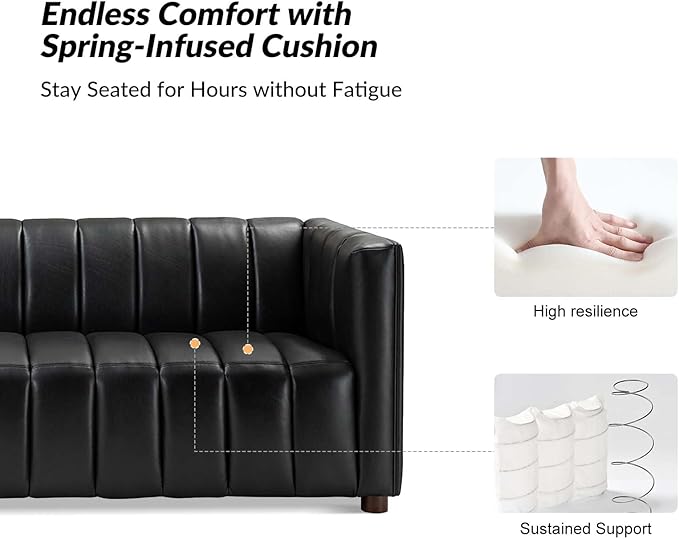 HULALA HOME 83" Genuine Leather Sofa with Channel Tufted Design, 3-Seater Sofa for Living Room Bedroom, Modern Oversized Couch with Wood Legs, Black