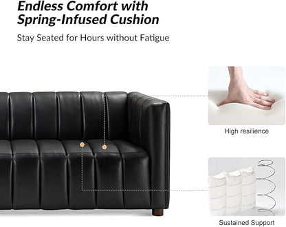 HULALA HOME 83" Genuine Leather Sofa with Channel Tufted Design, 3-Seater Sofa for Living Room Bedroom, Modern Oversized Couch with Wood Legs, Black