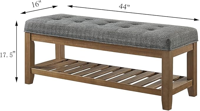 24KF Large Rectangular Upholstered Tufted Linen Fabric Ottoman Bench, Padded Bench with Solid Wood Shelf-Granite