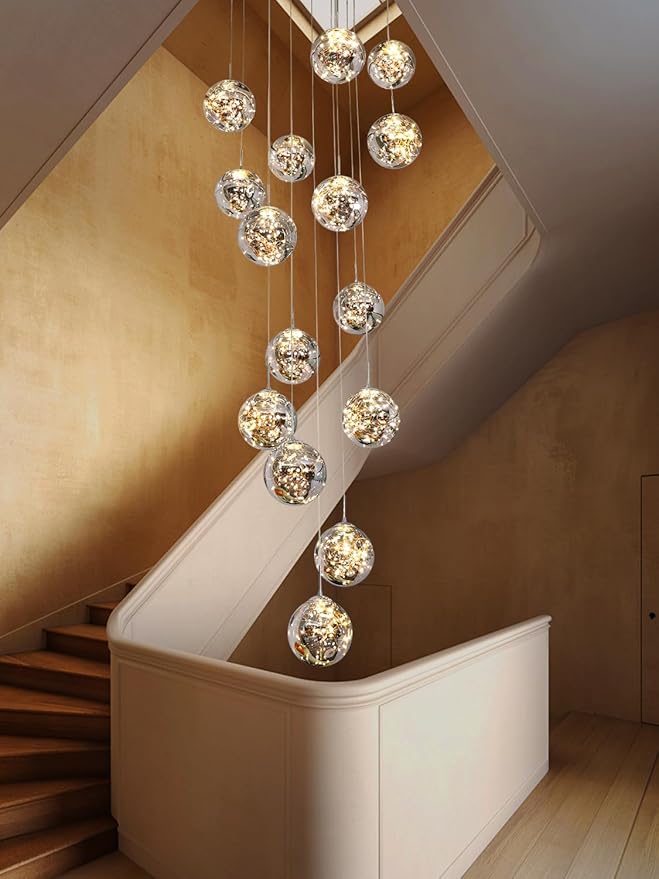 15-Light LED Staircase Chandelier Crystal Ceiling Lights Large Chandeliers for High Ceilings, Entryway Modern Lighting Fixture Villas and Stairs, Adjustable Length 23" W x100 H,75W