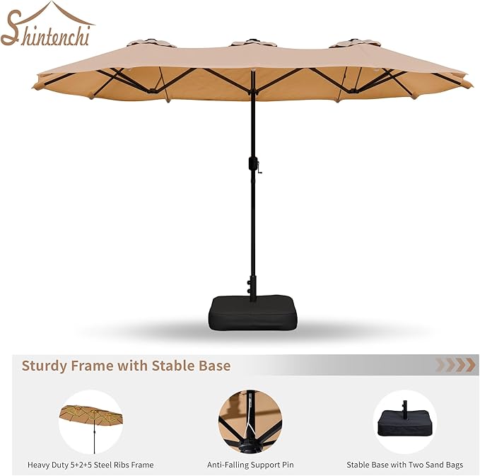 Shintenchi 16FT Large Patio Umbrella with Base, Outdoor Double-Sided Rectangular Umbrella, Market Umbrella with Crank Handle for Poolside Lawn Garden, Khaki
