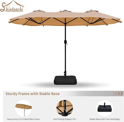 Shintenchi 16FT Large Patio Umbrella with Base, Outdoor Double-Sided Rectangular Umbrella, Market Umbrella with Crank Handle for Poolside Lawn Garden, Khaki