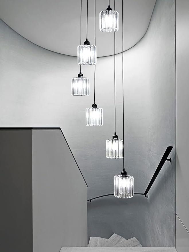 Long Chandeliers for High Ceilings,Modern Crystal Pendant Light,Raindrop Drop Lamp,Hanging Lighting Fixtures for Spiral Staircase,Foyer,Entryway,Living Room,Black (6 Lights)