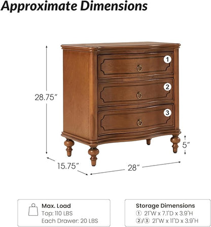 HULALA HOME Wood Nightstand with Charging Station, 3 Drawer Traditional Nightstands, End Table with Solid Wood Legs for Bedroom, USB Ports & Three-Prong Plugs, Walnut