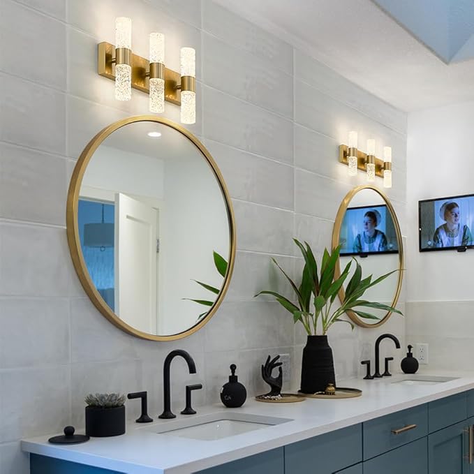 Gold Bathroom Light Fixture, Modern Gold Vanity Light for Bathroom, Crystal 6 Light Bathroom Light Fixtures Over Mirror, 27w LED Bathroom Wall Sconce 3000K Warm White