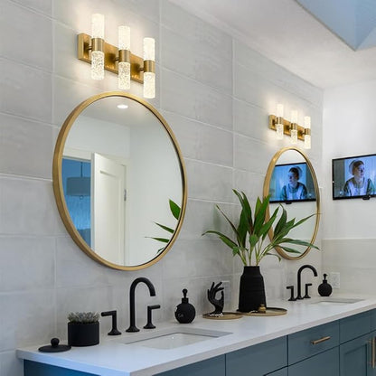 Gold Bathroom Light Fixture, Modern Gold Vanity Light for Bathroom, Crystal 6 Light Bathroom Light Fixtures Over Mirror, 27w LED Bathroom Wall Sconce 3000K Warm White