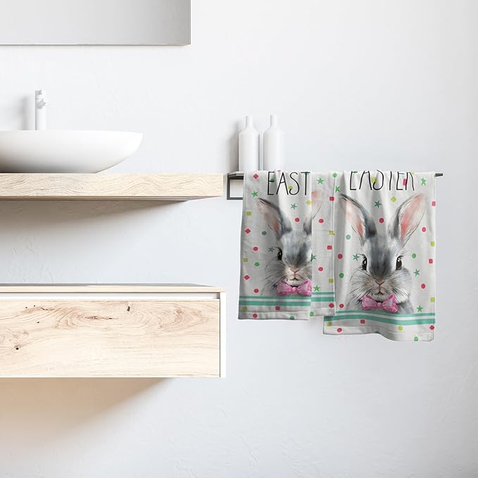 Easter Rabbit Dish Towels 2 Pack Blue Bunny Holiday Finger Tip Towels 14x28