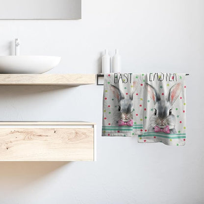 Easter Rabbit Dish Towels 2 Pack Blue Bunny Holiday Finger Tip Towels 14x28