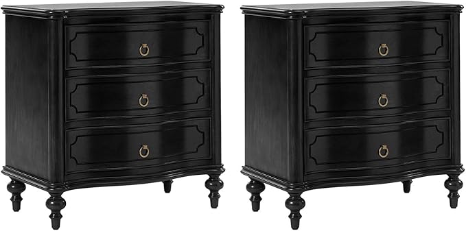 HULALA HOME Wood Nightstands Set of 2 with Charging Station for Bedroom, 3 Drawers Traditional Nightstand Solid Wood Legs, USB Ports & Three-Prong Plugs, Black
