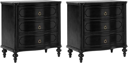 HULALA HOME Wood Nightstands Set of 2 with Charging Station for Bedroom, 3 Drawers Traditional Nightstand Solid Wood Legs, USB Ports & Three-Prong Plugs, Black