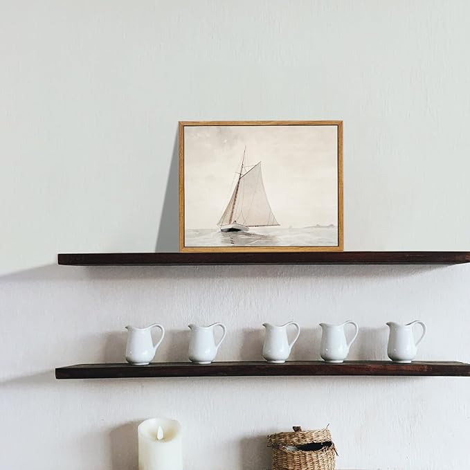 KBKBART Framed Wall Art Muted Sailboat Vintage Wall Decor, Antique Lake House Watercolor Canvas Art Prints Painting, Rustic Farmhouse Wall Art North Prints for Bedroom, Bathroom, Living Room, Gallery, Neutral Wall Decor(8"x10")