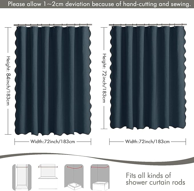 MIULEE 84" Long Scalloped Shower Curtain Linen Textured with 12 Metal Hooks Cute Extra Long Heavy Duty Washable Waterproof Cloth Shower Curtains with Black Border for Bathroom Hotel Bathtub,Navy Blue