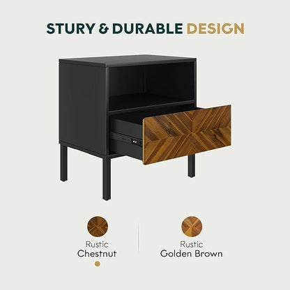 Bme Vivian Side Tables Bedroom, Solid Wood Bed Side Table, Mid Century Modern End Table with Drawer, Herringbone Pattern, Compact for Bedroom & Living Room, Easy Assembly, Chestnut