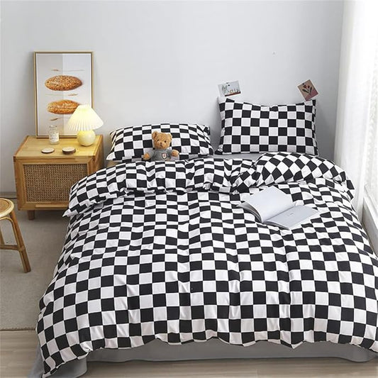 Pureant Black White Plaid Comforter Set Full Size Black Checkerboard Grid Bedding Comforter Women Men Black and White Grid Quilts Soft Modern Black Buffalo Grid Comforter Boho Checkered Geomertic Bed