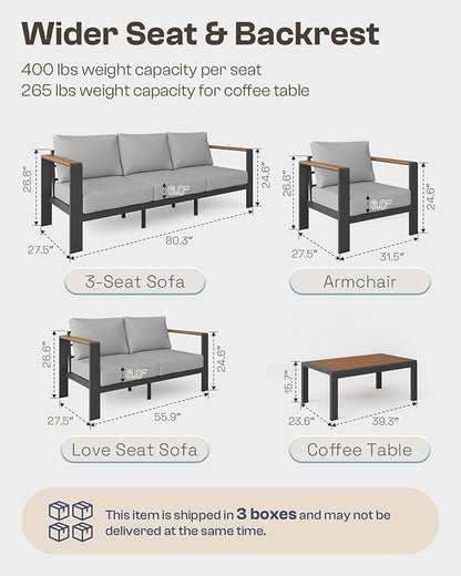 Aluminum Outdoor Patio Furniture Loveseat, All-Weather Outdoor Patio Chair with Washable Thick Cushion, Patio Outdoor Chair for Porch, Balcony, Deck, Yard, Gray