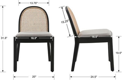 Mid Century Dining Chairs Set of 6, Rattan Side Chairs Linen Fabric Kitchen Chair with Solid Wooden Legs for Living Room Dining Room, Grey