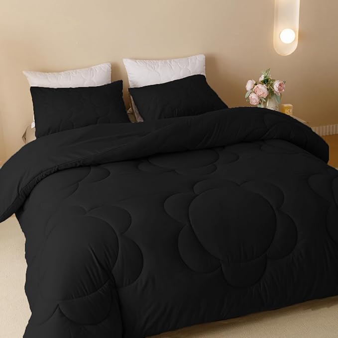 CLOTHKNOW Black Comforter Set Twin/Twin XL 3Pcs Daisy Puff Bedding Comforter Sets Floral Comforter Boho Bedding Sets Black Bed Comforter Sets