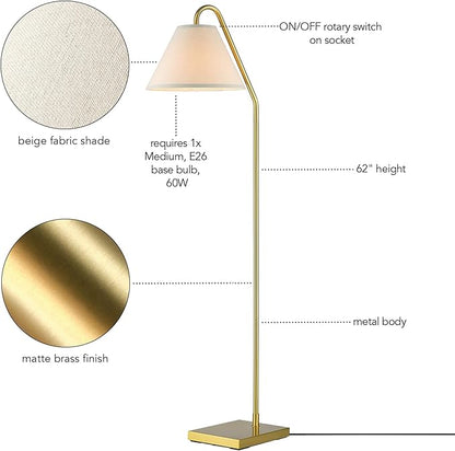 GLOBE Electric 61000147 62" Floor Lamp, Matte Brass, Beige Fabric Shade, On/Off Rotary Switch on Socket, 6-Foot Clear Cord, Reading Light, Bedroom, Living Room, Home Decor