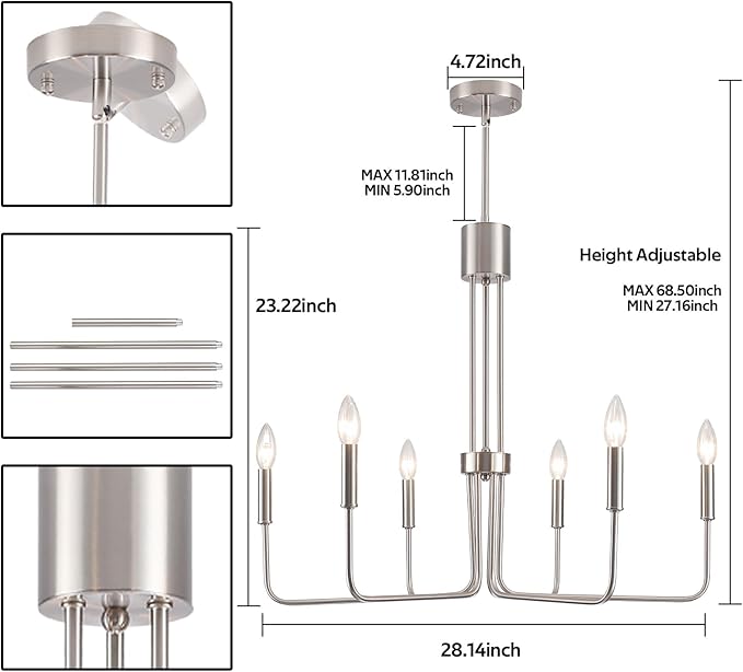 6 Lights Brushed Nickel Chandeliers for Dining Room - Modern Farmhouse Chandelier for Entryway Foyer Rustic Industrial - Dining Light Fixture High Ceiling for Bedroom Kitchen Vintage Silver