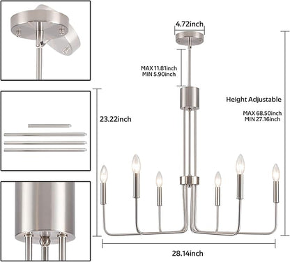 6 Lights Brushed Nickel Chandeliers for Dining Room - Modern Farmhouse Chandelier for Entryway Foyer Rustic Industrial - Dining Light Fixture High Ceiling for Bedroom Kitchen Vintage Silver