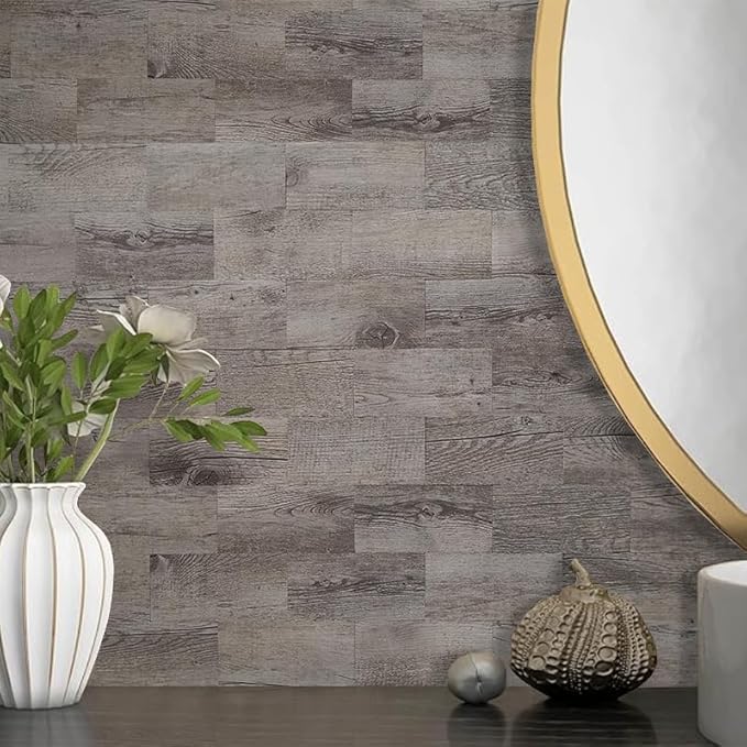 AULIGET 3" x 6" Subway Tile Peel and Stick Backsplash, Thick PVC Stick on Wall Tiles (4, Dover Gray Wood)