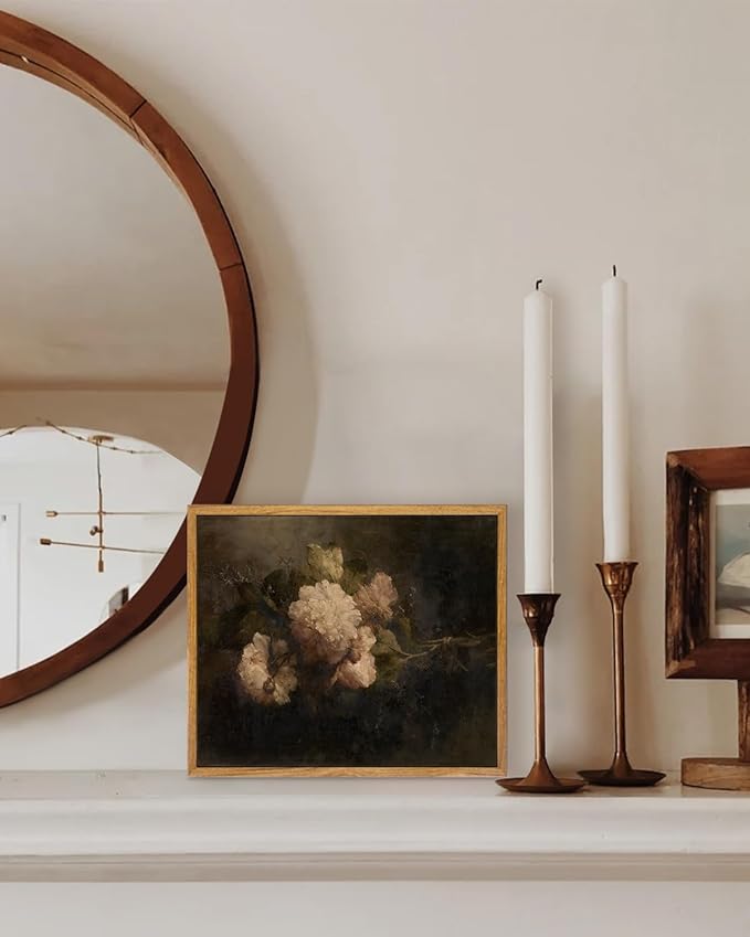 KBKBART Framed Canvas Wall Art Vintage Decor, Dark Vintage Still Life Flower Canvas Oil Painting, Classical Moody Peony Bouquet Prints for Wall Decor, Antique Floral Art Painting Victorian Decor Artwork for Bedroom Living Room Bathroom Gallery(8"x10")