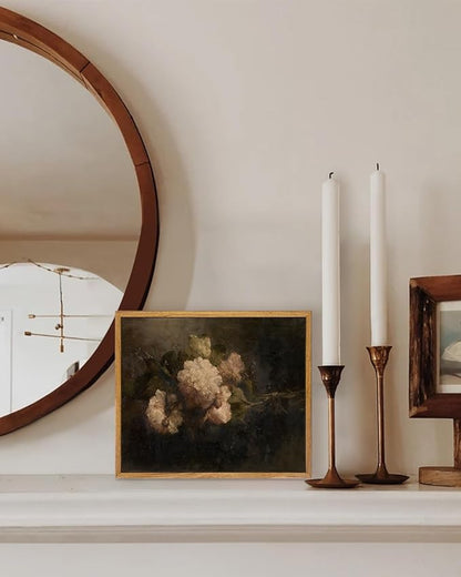 KBKBART Framed Canvas Wall Art Vintage Decor, Dark Vintage Still Life Flower Canvas Oil Painting, Classical Moody Peony Bouquet Prints for Wall Decor, Antique Floral Art Painting Victorian Decor Artwork for Bedroom Living Room Bathroom Gallery(8"x10")