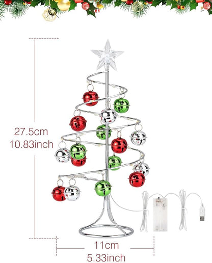 Lewondr Christmas Table Lamp, USB/Battery Powered Spiral Christmas Tree Desk Lamp with Star Topper, Decorative Christmas Tree Light with Red/Green Hanging Bells for Home Bedroom Xmas Party, Red/Green