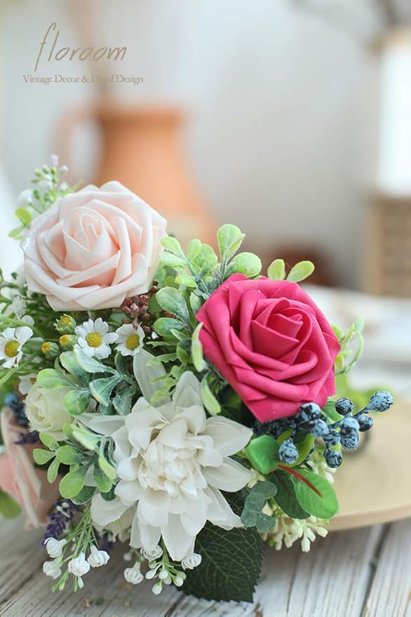 Floroom Artificial Flowers 25pcs Real Looking Fuchsia Foam Fake Roses with Stems for DIY Wedding Bouquets Bridal Shower Centerpieces Floral Arrangements Party Tables Home Decorations