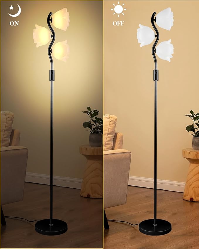 Dimmable Flower Floor Lamp, Modern Black Pole Standing Lamps with 3 Soft Warm White 3000K Bulbs, Mid Century Unique Floral Floor Lamp for Living Room Bedroom Home Decor