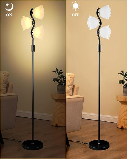 Dimmable Flower Floor Lamp, Modern Black Pole Standing Lamps with 3 Soft Warm White 3000K Bulbs, Mid Century Unique Floral Floor Lamp for Living Room Bedroom Home Decor