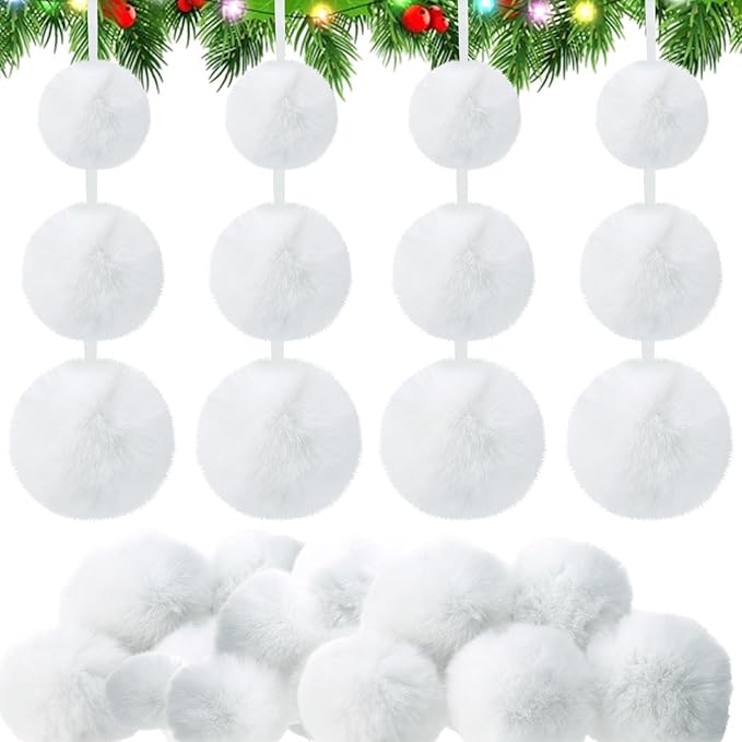 24 Pcs White Furry Christmas Ball Ornaments for Tree 2.36/3.15/3.94 Inches Pom Pom Ball Christmas Hanging Decoration for Party Supplies Fireplace Mantel Wall Decor