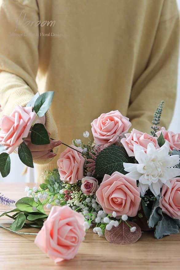 Floroom Artificial Flowers 25pcs Realistic Peach Pink Foam Fake Roses with Stems for DIY Wedding Bouquets Bridal Shower Centerpieces Floral Arrangements Party Tables Home Decorations