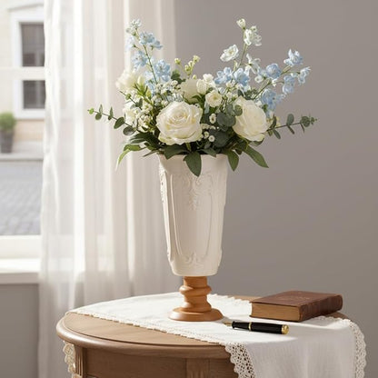 hjn White Ceramic Vase- French Flower Vase for Decor Small Vintage Vases with Wood Base for Table/Living Room/Shelf/Mantel/Office-Height-9.1"-Floral Embossing