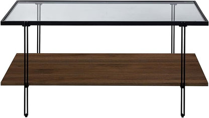 Nathan James Asher Mid-Century Rectangle Coffee Table Glass Top and Wood Finish Storage Shelf with Metal Legs, Walnut/Black