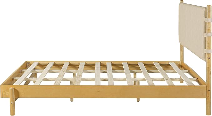 Premium Rubber Wood Platform Bed Frames, King Size Headboard Included, Mid Century Modern Beds, Beige