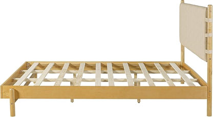 Premium Rubber Wood Platform Bed Frames, King Size Headboard Included, Mid Century Modern Beds, Beige