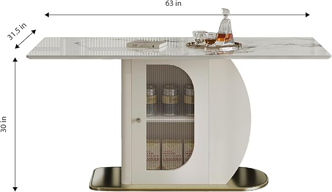 Montary 63" Modern Dining Table for 4-6 People, Kitchen Table with Storage Shelf & Acrylic Door Cabinet, Sintered Stone Tabletop with Golden Solid Wood Base, Perfect for Apartments and Home Use
