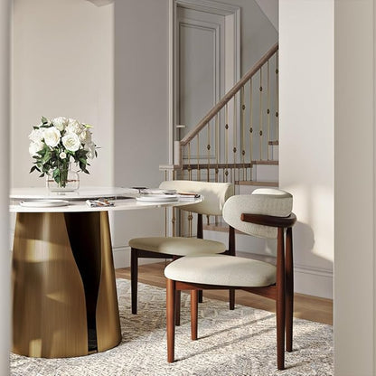 POVISON Round Dining Table for 6, Modern Marble Dining Room Table 59" Glossy White Sintered Stone Kitchen Table with Bronze Carbon Steel Pedestal (Table Only)