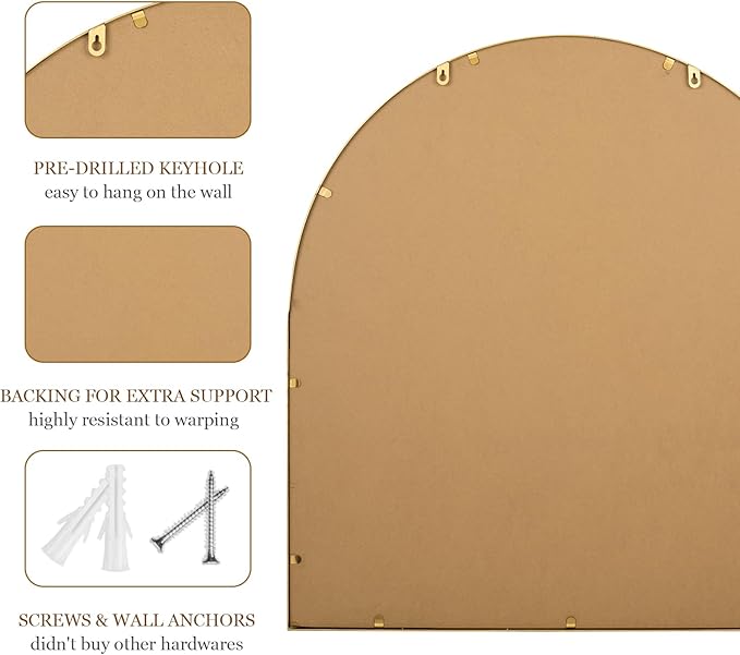 28x26 Inch Arched Bathroom Mirror, Antique Gold Wall Mirror Metal Beaded Frame, Vanity Mirror for Dresser Living Room Bedroom Mantel Entryway Hallways