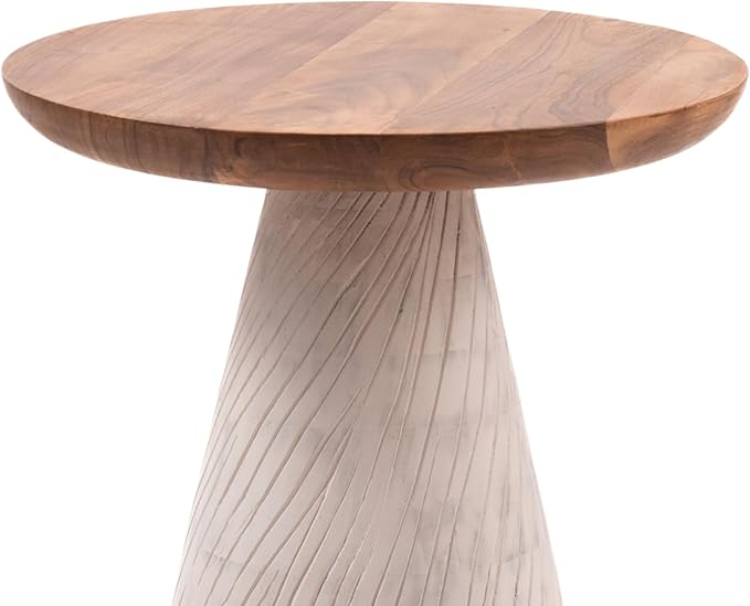 Modern Round Wood Accent Table with Carved Cone Base Solid Mango Wood Side Table for Living Room, Bedroom or Entryway White,Assembled