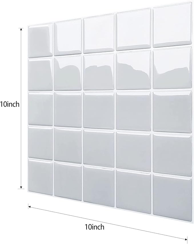 Alwayspon 10 Sheets 10"x10" Grey 3D Vinyl Backsplash Tiles, Self-Adhesive Peel and Stick Wall Tile Stickers Stick on Subway Tiles for Kitchen Bathroom Wall