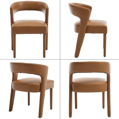 DUOMAY Modern Dining Chairs Set of 4, Leather Fabric Upholstered Kitchen Chair with Curved Open Back Accent Side Chairs Dining Room Chairs with Wood Legs, Brown