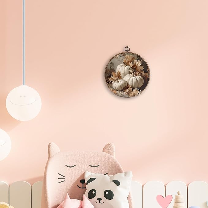 Hxlac Vintage Fall Pumpkin Maple Leaves Round Wall Art Framed, Fall Halloween Round Wall Decor, Vintage Autumn Hanging Canvas Prints Wall Sculptures for Farmhouse Home Living Room Decor, 10x10 Inch