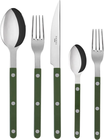 5-Piece Flatware Set - Bistrot Collection - Knife, Fork, Soup Spoon, Teaspoon & Dessert Fork - Stainless Steel & Nylon - Dishwasher Safe - Green - Brilliant Finish