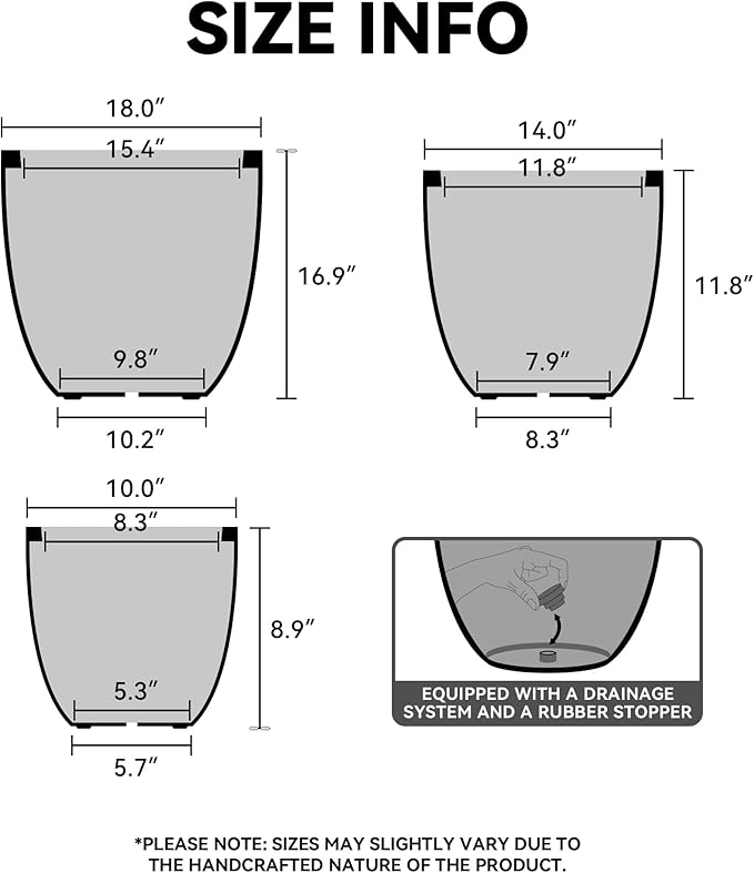 Kante 18",14",10" Dia Concrete Round Planters (Set of 3), Outdoor Indoor Large Planter Pots with Drainage Hole and Rubber Plug for Home Patio Garden, Oil Rubbed Bronze
