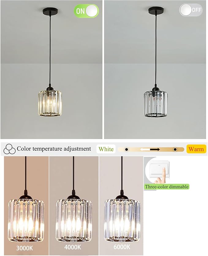 Crystal Pendant Lights Black 1 Light Cluster Ceiling,Modern Hanging Light Fixture for Kitchen Island,Adjustable Round Chandelier for Farmhouse,Dining Room,Foyer,Living Room with LED Bulb