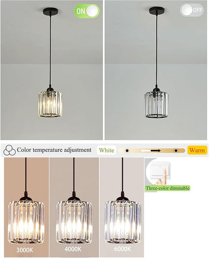 Crystal Pendant Lights Black 1 Light Cluster Ceiling,Modern Hanging Light Fixture for Kitchen Island,Adjustable Round Chandelier for Farmhouse,Dining Room,Foyer,Living Room with LED Bulb