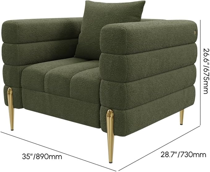 White Accent Chair, Mid Century Boucle Upholstered Armrest Chair for Bedroom, Living Room Chairs, Comfy Reading Chair, Office (Green)