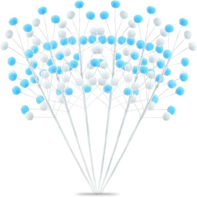 6 Pcs Blue White Pom Poms Christmas Decorations & Felt Christmas Picks and Sprays DIY Xmas Tree Toppers, Festive Tree Filler & Decor (BlueWhite)